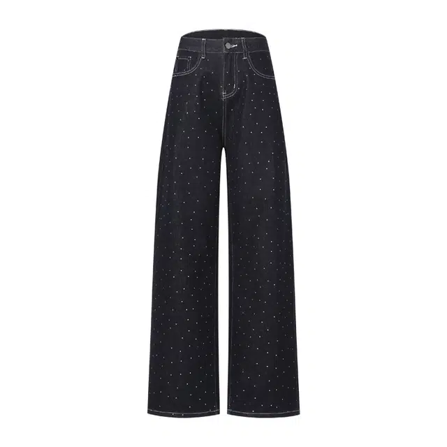 玫丝朵 柔软阔腿高腰长裤牛仔裤 女款 烫钻丹宁蓝