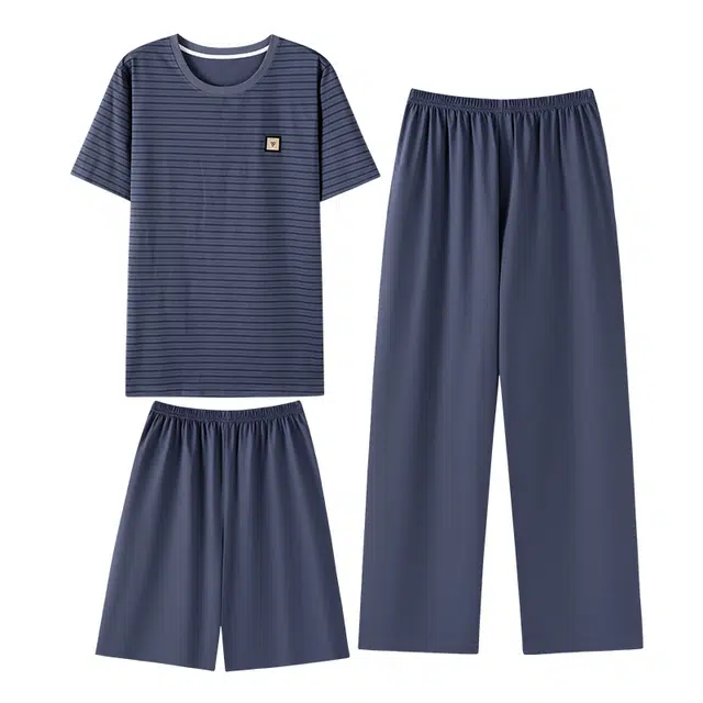 向薇 三件套圆领套头短袖薄款家居服睡衣套装 男款