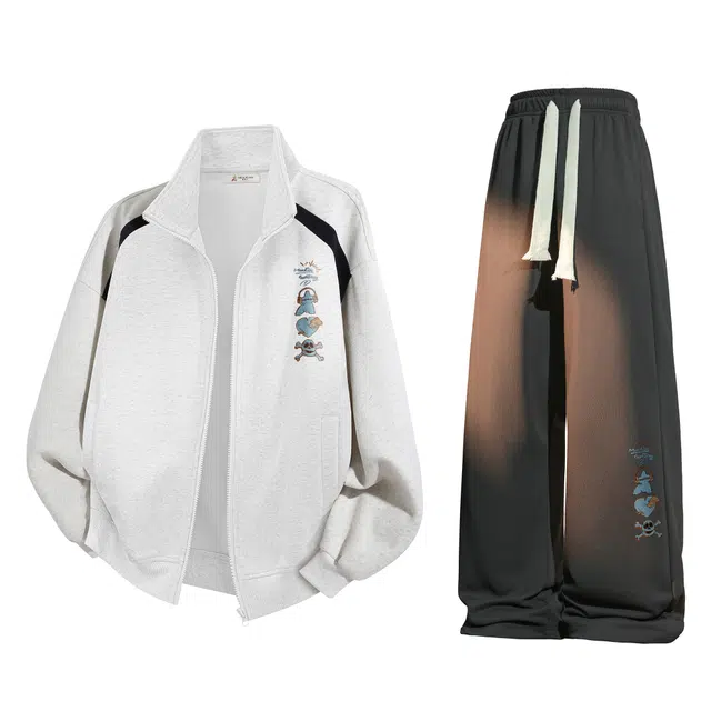 稻草人 美式复古可爱卡通趣味创意印花甜酷立领拉链开衫外套垂感亲肤阔腿运动裤卫衣套装 女款