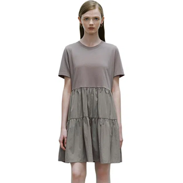 张三的歌 简约休闲纯色圆领时尚短袖连衣裙 女款 石色