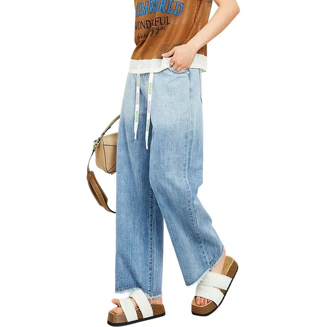 木果果木 春,秋 日系抽绳设计感毛边阔腿女牛仔裤 宽松 女款 浅牛仔蓝