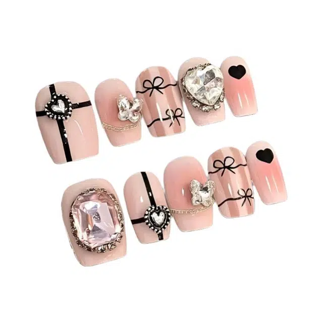 计轩 手工显白春夏芭蕾公主辣妹钻球蝴蝶结  穿戴甲 短款粉色晕染 可爱