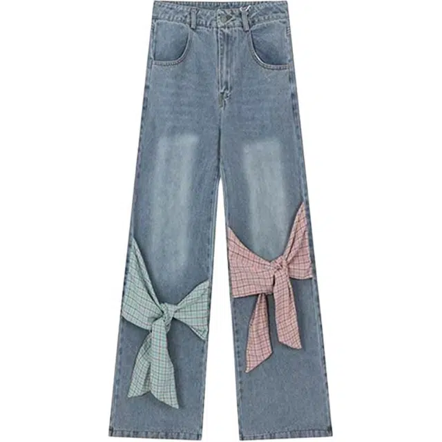 哒头下雨不愁 蝴蝶结高腰显瘦宽松直筒牛仔裤 女款 蓝色