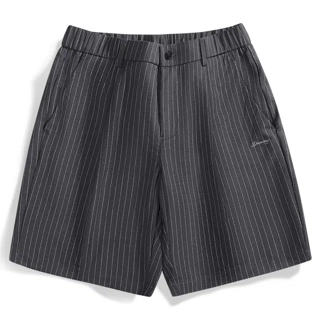 与狼共舞 竖条纹通勤时尚百搭刺绣柔软松紧腰弹力五分休闲短裤 男款 深灰色
