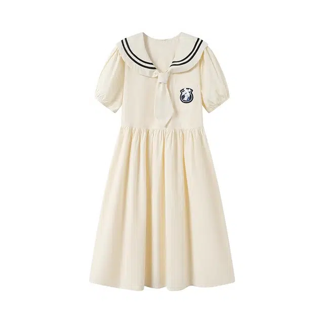 古莲菲 学院风水手服夏季海军领收腰款显瘦收腰短袖连衣裙 女款 杏色