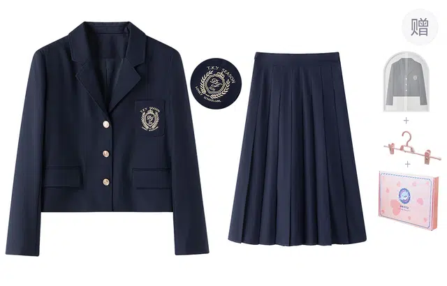 东鲸岁时记 学院风纯色短款长袖上衣高腰半身裙西装套装 女款 礼盒装 藏青色
