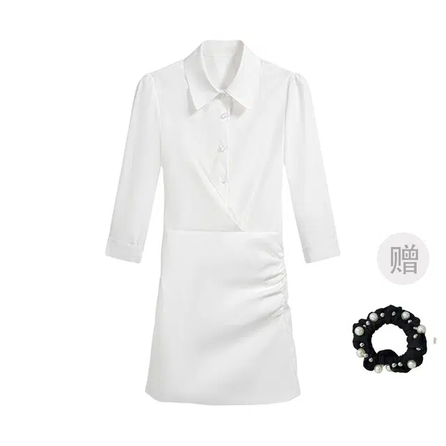 雾闪闪 纯欲御姐气质翻领七分袖衬衫包臀裙收腰显瘦短袖连衣裙 女款 白色