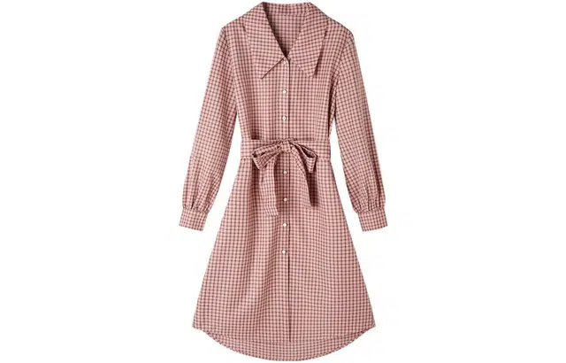 【dme】 简约收腰格子衬衫长袖连衣裙 皮粉