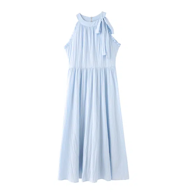 花栗鼠小姐 法式清纯甜美初恋风蝴蝶结挂脖高腰收腰显瘦无袖吊带连衣裙 女款 蓝色