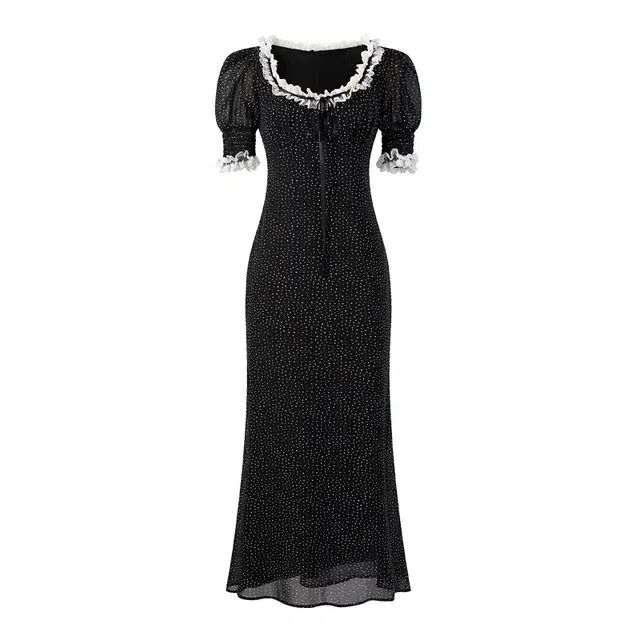 小菊川栗 韩系白塔玫瑰大波点花边别致穿搭舒适百搭短袖连衣裙 女款