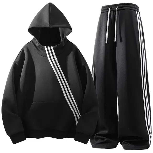 曲韩 潮牌休闲运动长袖纯色简约舒适长裤卫衣套装 男女同款