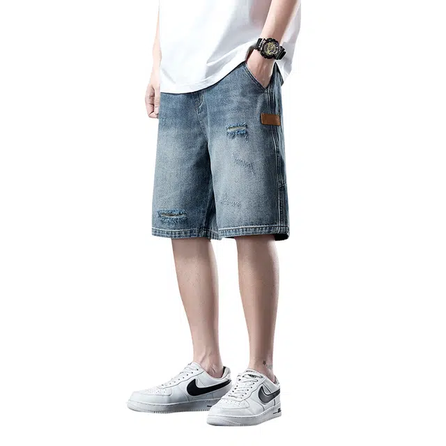 协协乐 美式复古薄款破洞宽松直筒休闲夏季五分牛仔短裤 男款