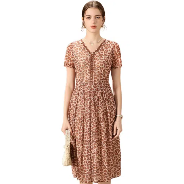 粉红玛琍 春 时尚气质碎花高腰短袖连衣裙 收腰 女款 桔色