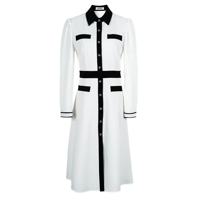 米思阳 撞色尖领单排扣设计高腰中长款长袖连衣裙 白色