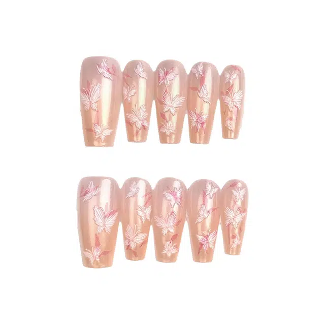 计轩 极光蝴蝶温柔显白显细浮雕  穿戴甲 方型粉色晕染 可爱