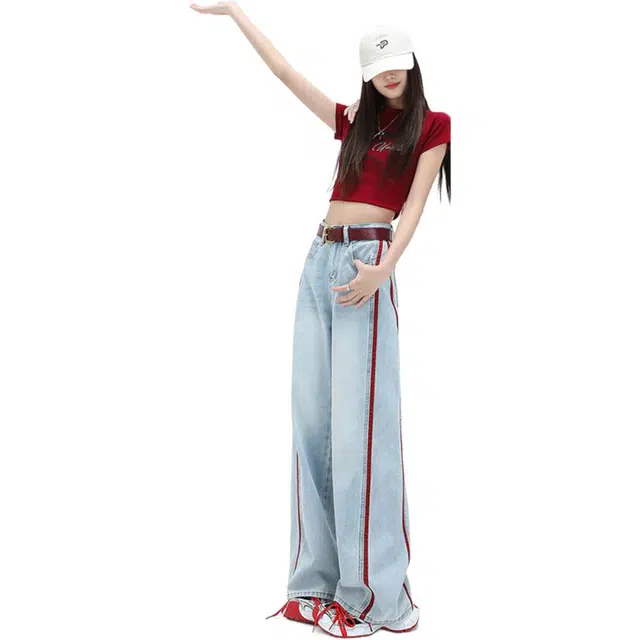 沐晓欣 美式高腰阔腿宽松牛仔裤 女款