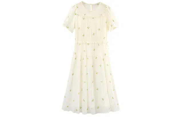 苏醒的乐园 碎花满印中长款短袖连衣裙 米色