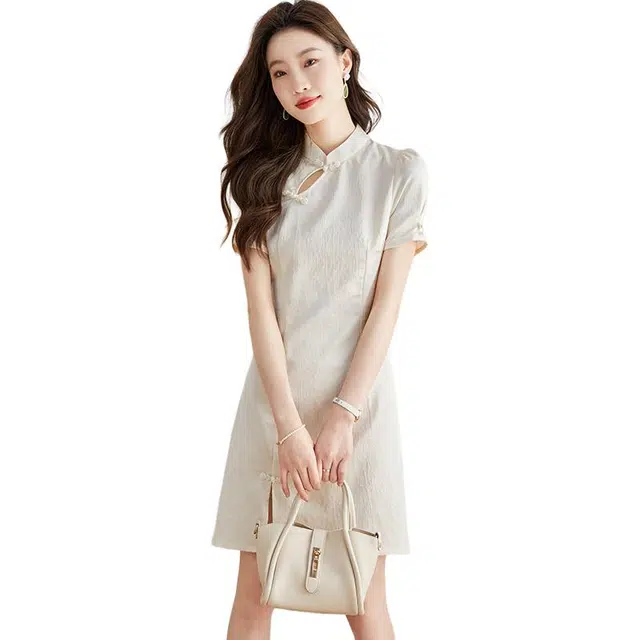 曲韩 立领盘扣提花收腰旗袍裙子法式复古气质夏季短袖连衣裙 女款