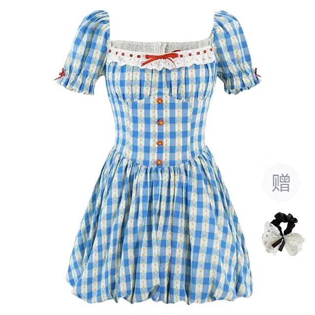 涂诗菲 法式甜美森系蕾丝拼接碎花格纹花苞裙设计感花朵扣子收腰显瘦短袖连衣裙 女款 蓝色