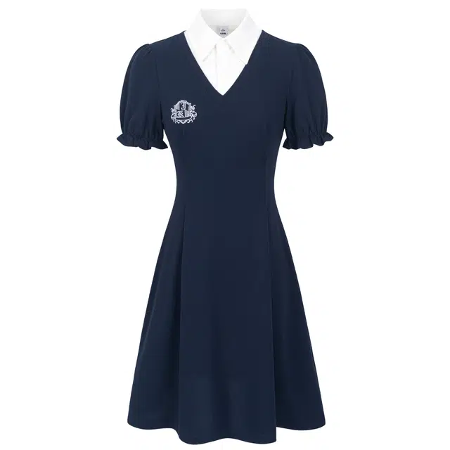 九条喵 衬衫领短款纯色短袖连衣裙 女款 藏青色