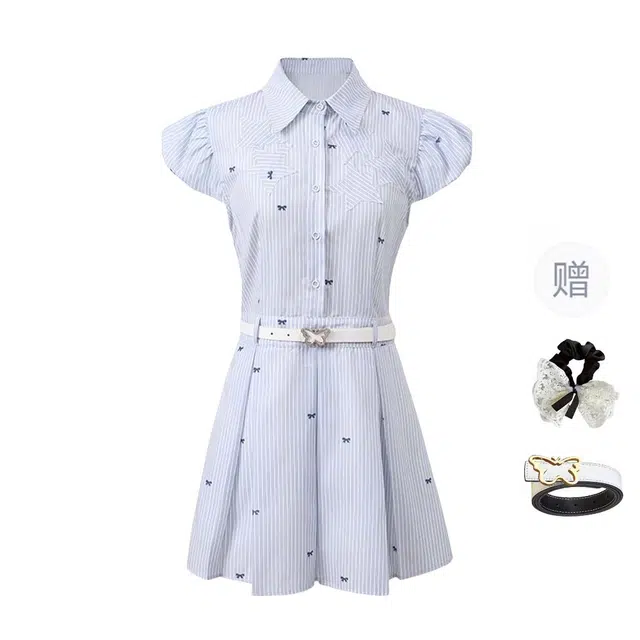 涂诗菲 学院风条纹印花蝴蝶结翻领衬衫裙设计感泡泡袖收腰显瘦气质短袖连衣裙 女款