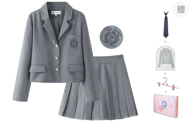 东鲸岁时记 学院风学姐感气质绣标上衣纯色高腰温柔风百褶半裙搭配一整套西装套装 春秋季 女款 礼盒装 灰色