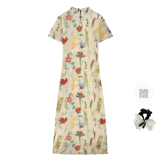 涂诗菲 新中式改良旗袍复古油画印花长裙后开叉设计感修身显瘦短袖连衣裙 女款 图片色