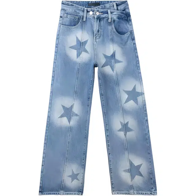 哒头下雨不愁 浅色印花高腰宽松不规则阔腿裤子牛仔裤 女款 蓝色