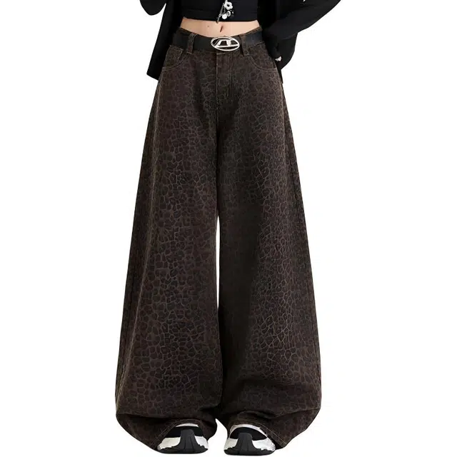 淑好百 美式豹纹休闲阔腿设计感辣妹拖地裤 女款