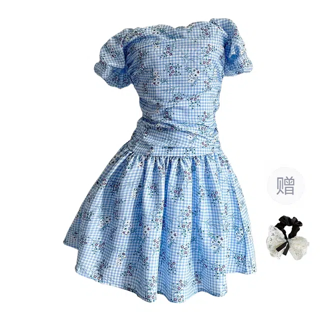 涂诗菲 法式小众设计感刺绣一字领露肩格子裙褶皱收腰显瘦短袖连衣裙 女款