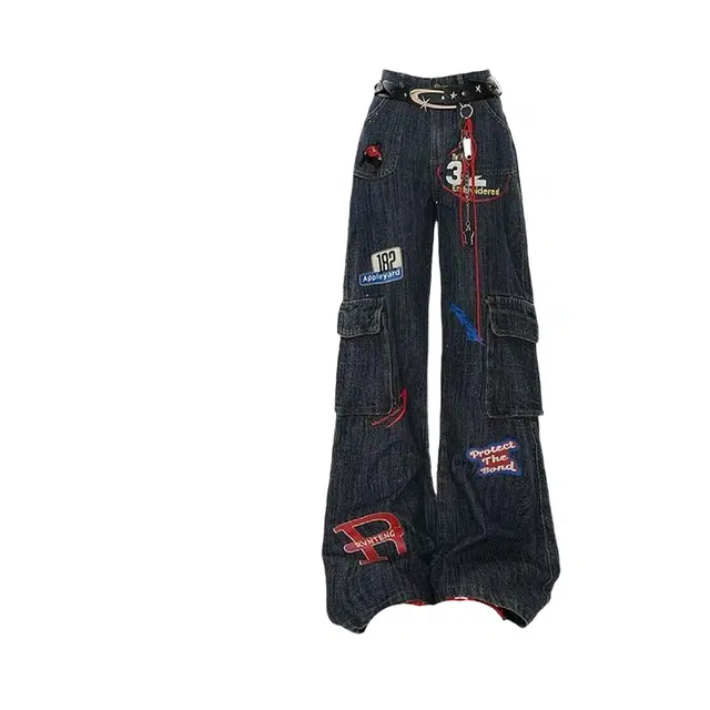 桴生 美式徽章印花微喇高腰街头辣妹百搭拖地长裤牛仔裤 女款 深蓝色