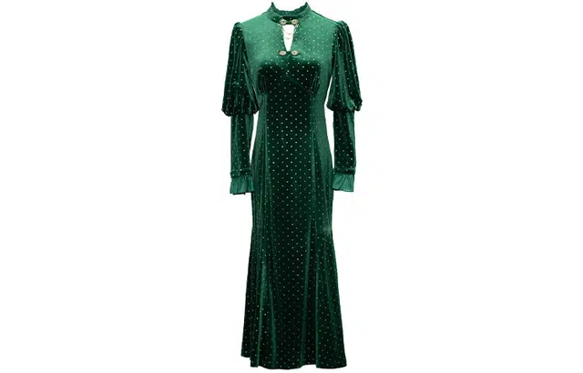 四美子 复古纯色休闲高腰长袖连衣裙 数晨夕