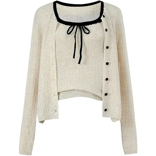 她池 圆领简约单排扣长袖开衫纯色吊带休闲套装 女款 燕麦色