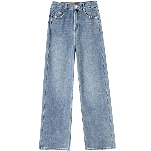 她池 水洗做旧高腰毛边宽松阔腿长裤牛仔裤 女款 浅蓝色