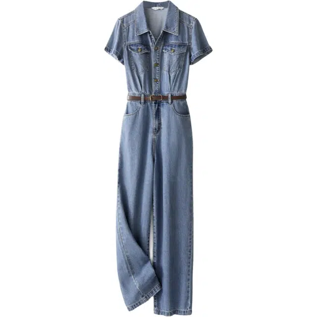 潞优野 复古连体裤长裤时尚显瘦裤子牛仔裤 女款 蓝色