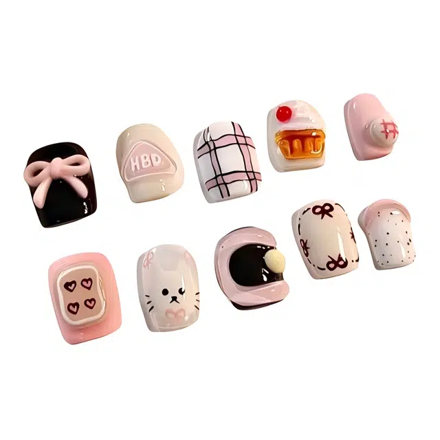 计轩 立体卡通短款高级感小众显白  穿戴甲 短梯粉色晕染 可爱