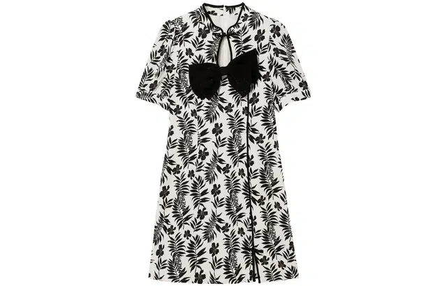 太平鸟 植物图案圆领拉链中腰短款泡泡短袖连衣裙