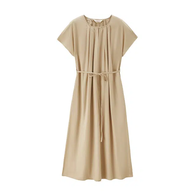 佐丹奴 纯棉府绸收褶圆领绑带连袖梭织短袖连衣裙 女款