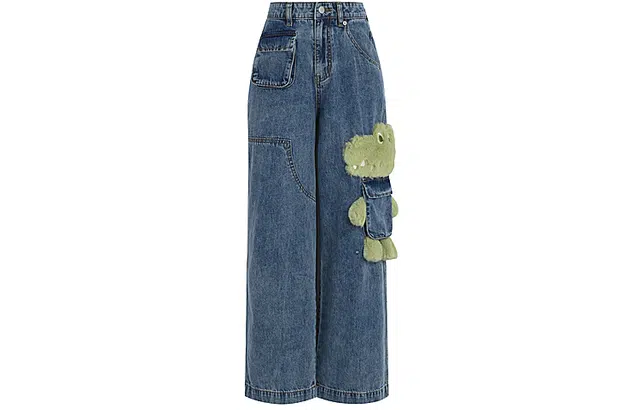 森女部落 原创萌趣立体毛绒直筒宽松水洗潮酷牛仔裤 女款 蓝色