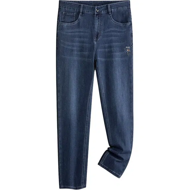 曲韩 小标图标春款中腰直筒休闲舒适透气裤子牛仔裤 男女同款