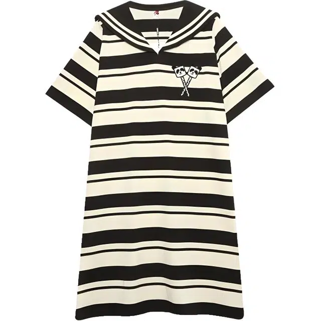 木果果木 学院风通勤舒适海军领百搭短袖连衣裙 女款 黑白条