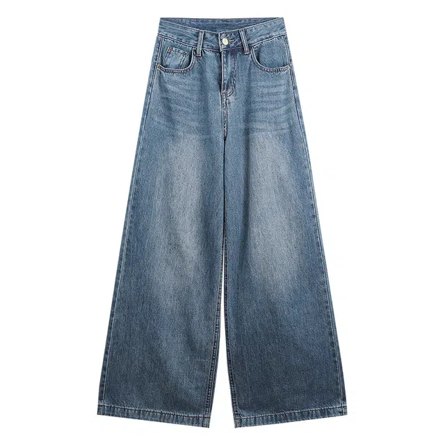 木清清 复古蓝色拖地女春季百搭设计感休闲高腰宽松阔腿裤牛仔裤 女款 蓝色