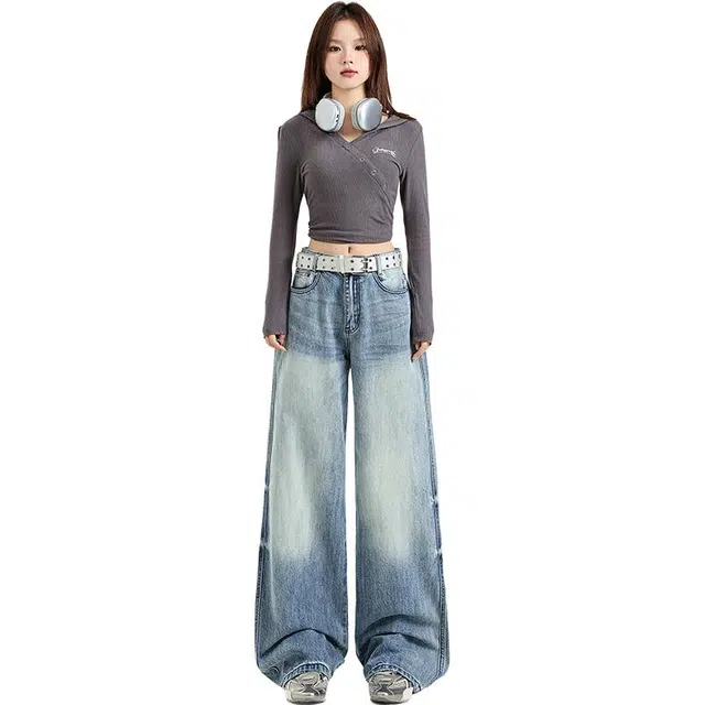 玫丝朵 美式重工水洗做旧设计高腰宽松直筒阔腿拖地牛仔裤 女款 复古蓝
