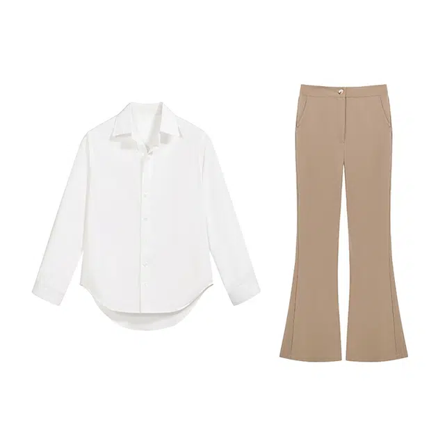 敲模女孩 法式高级感气质修身纯色长袖上衣高腰微喇百搭长裤衬衫套装 女款