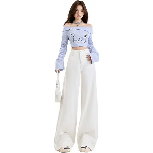 玫丝朵 美式纯色简约百搭宽松阔腿拖地牛仔裤 女款