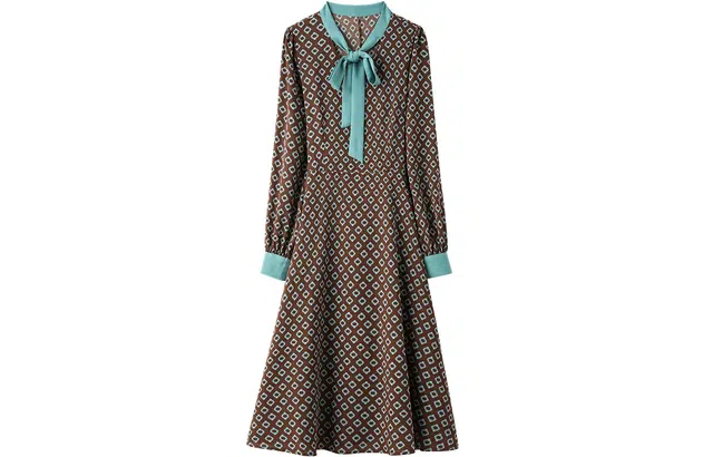 恒源祥 撞色印花菱形格子系带领长袖连衣裙 绿色