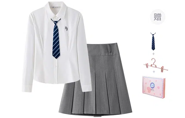 东鲸岁时记 学院风学姐感纯色松弛感长袖上衣中腰通勤收腰半裙衬衫套装 女款 灰色+白色