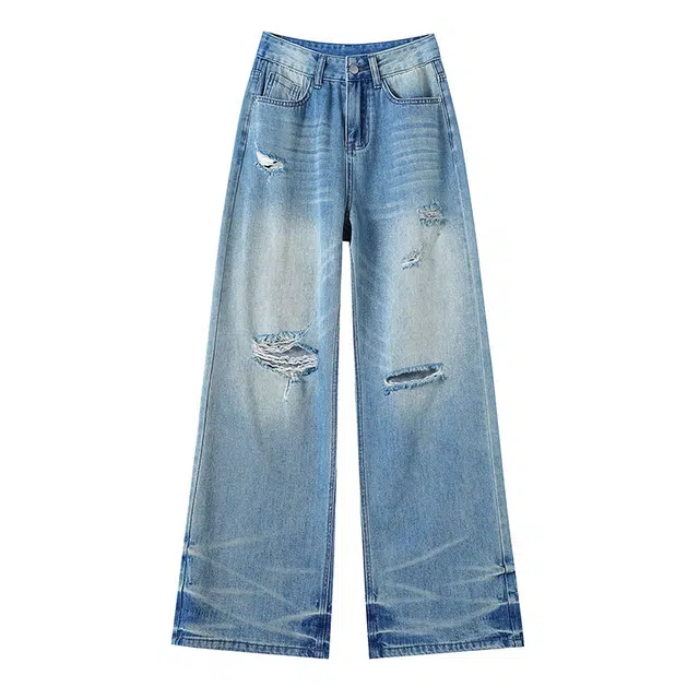 法文箱子 复古破洞直筒宽松浅色高腰显瘦牛仔裤 女款