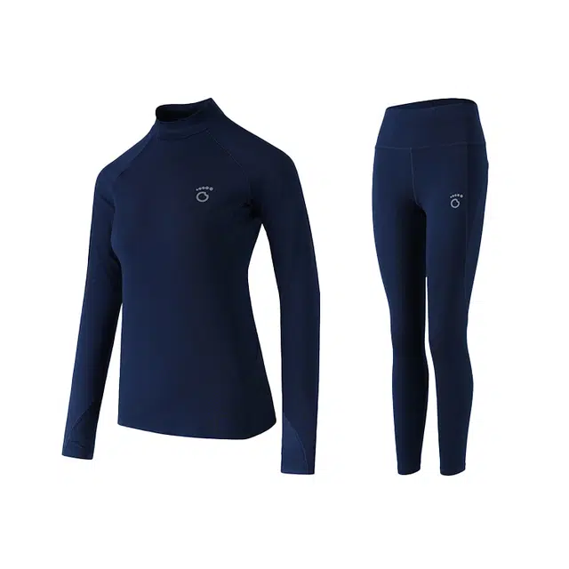 马孔多 纯色跑步圆领加绒吸湿排汗长袖松紧腰直筒保暖长裤休闲套装 女款 夜海蓝