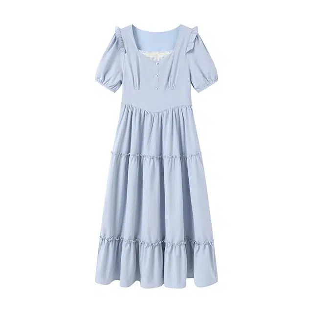 古莲菲 高级感气质拼接小清新温柔风初恋裙短袖连衣裙 女款 蓝色